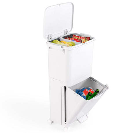 2-tier trash can with lid &amp; lockable wheels plastic waste bin kitchen trash can