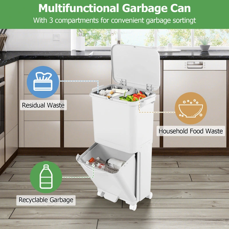 2-tier trash can with lid &amp; lockable wheels plastic waste bin kitchen trash can
