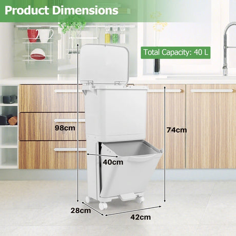 2-tier trash can with lid &amp; lockable wheels plastic waste bin kitchen trash can