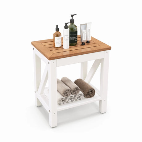 2-tier Waterproof Shower Bench with Storage Shelf-Brown