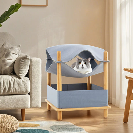 2-Tier Wooden Cat House with Semi-enclosed Condo and Removable Clothes-Grey