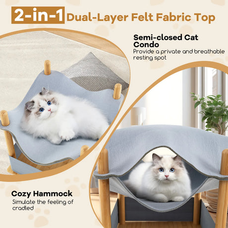 2-Tier Wooden Cat House with Semi-enclosed Condo and Removable Clothes-Grey