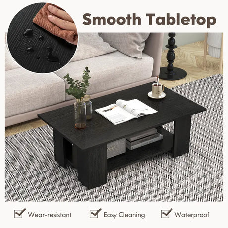 2-Tier Wooden Coffee Table with Storage Shelf and 5 Support Legs-Black
