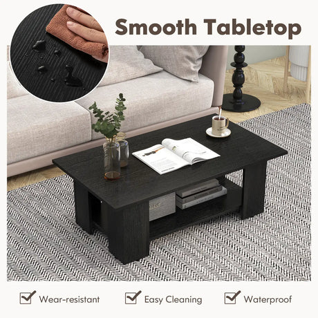 2-Tier Wooden Coffee Table with Storage Shelf and 5 Support Legs-Black
