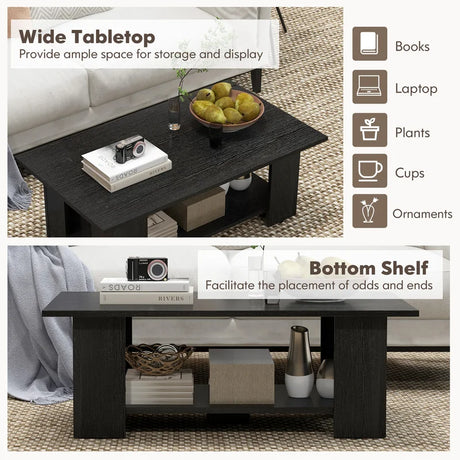 2-Tier Wooden Coffee Table with Storage Shelf and 5 Support Legs-Black