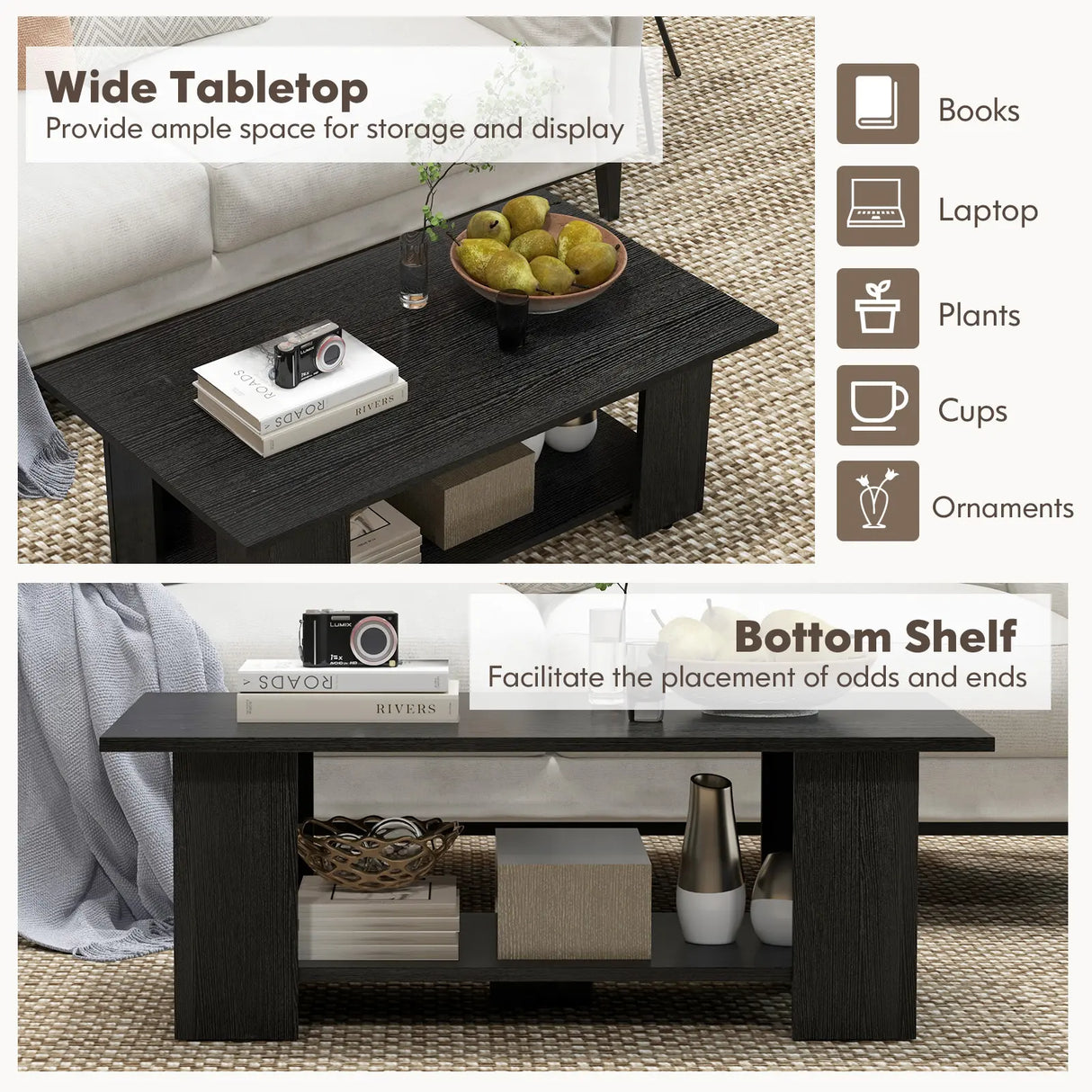 2-Tier Wooden Coffee Table with Storage Shelf and 5 Support Legs-Black