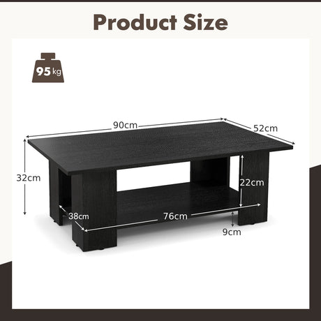2-Tier Wooden Coffee Table with Storage Shelf and 5 Support Legs-Black