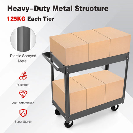 2 Tiers Tool Trolley with Handle and 4 Wheels-Black