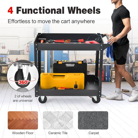 2 Tiers Tool Trolley with Handle and 4 Wheels-Black