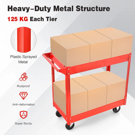 2-Tier Utility Cart with Handle and Heavy-Duty Metal Frame-Red