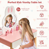 Kids Vanity Table and Chair Pretend Play with Mirror and Drawers-Pink