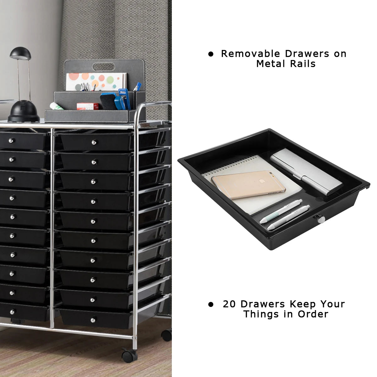 20 Drawers Storage Rolling Cart Studio Organizer-Black