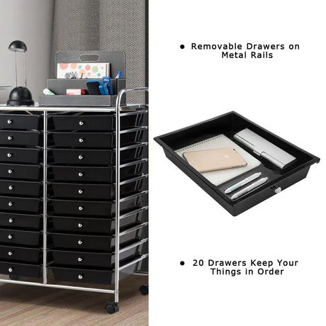 20 Drawers Storage Rolling Cart Studio Organizer-Black