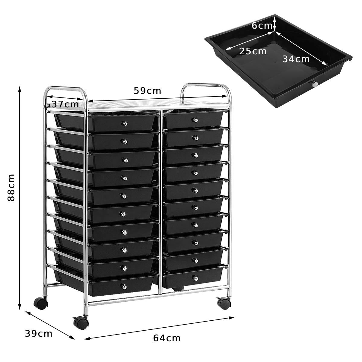 20 Drawers Storage Rolling Cart Studio Organizer-Black
