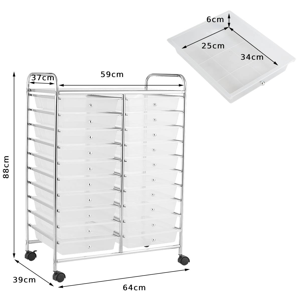 20 Drawers Storage Rolling Cart Studio Organizer-Clear