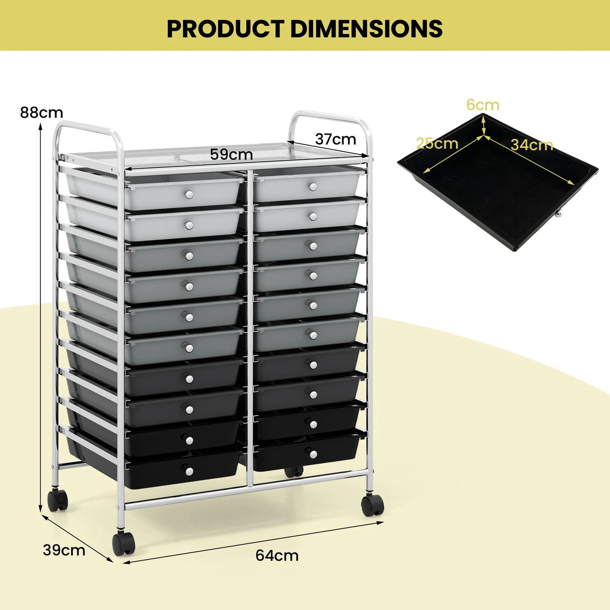 20 Drawers Rolling Storage Cart Studio Organizer-Black & Gray