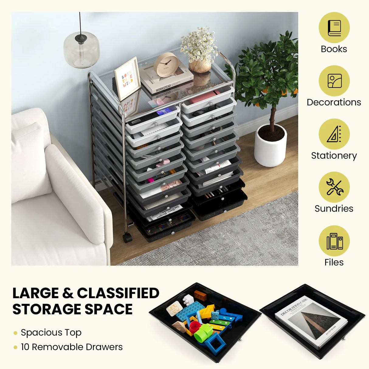 20 Drawers Rolling Storage Cart Studio Organizer-Black & Gray