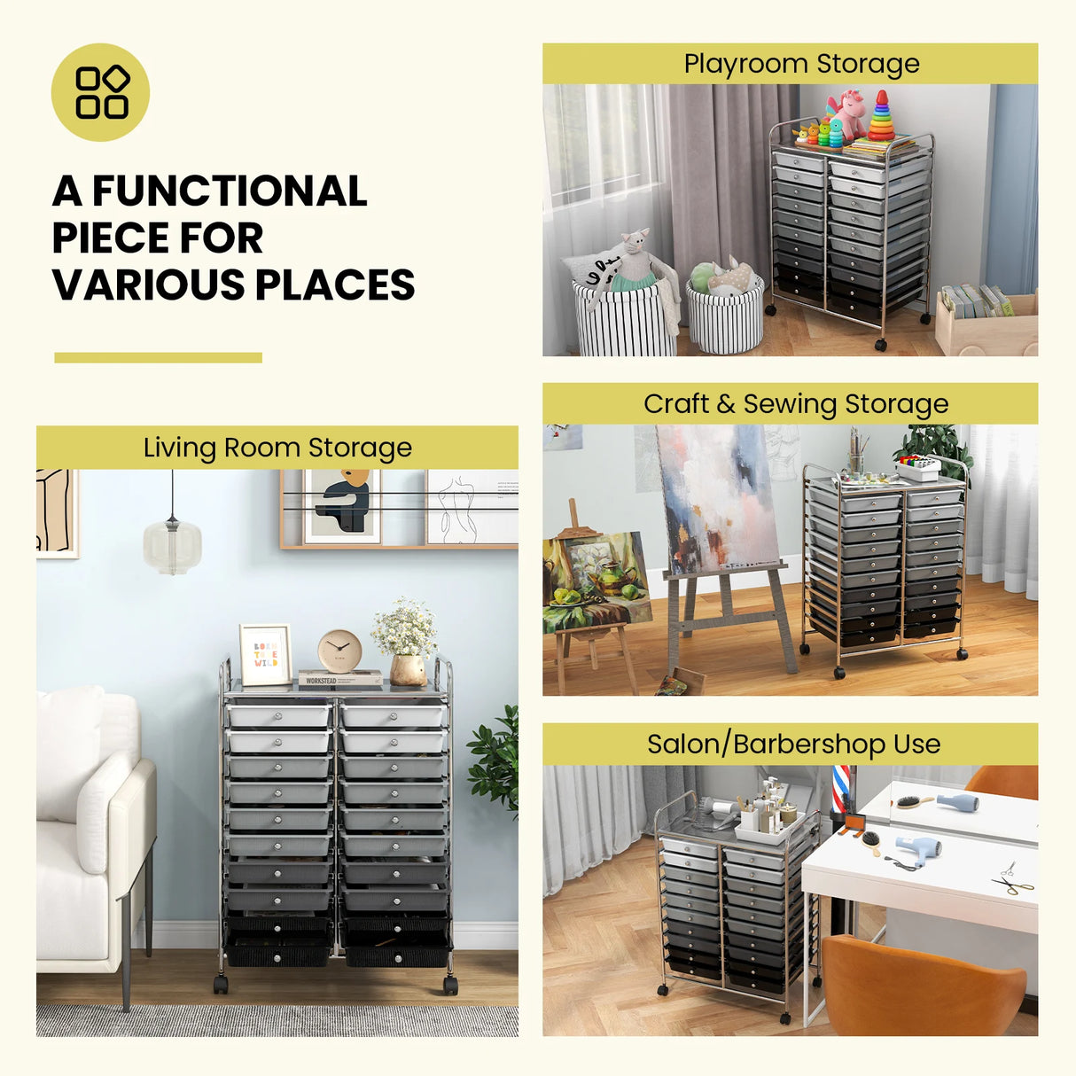 20 Drawers Rolling Storage Cart Studio Organizer-Black & Gray