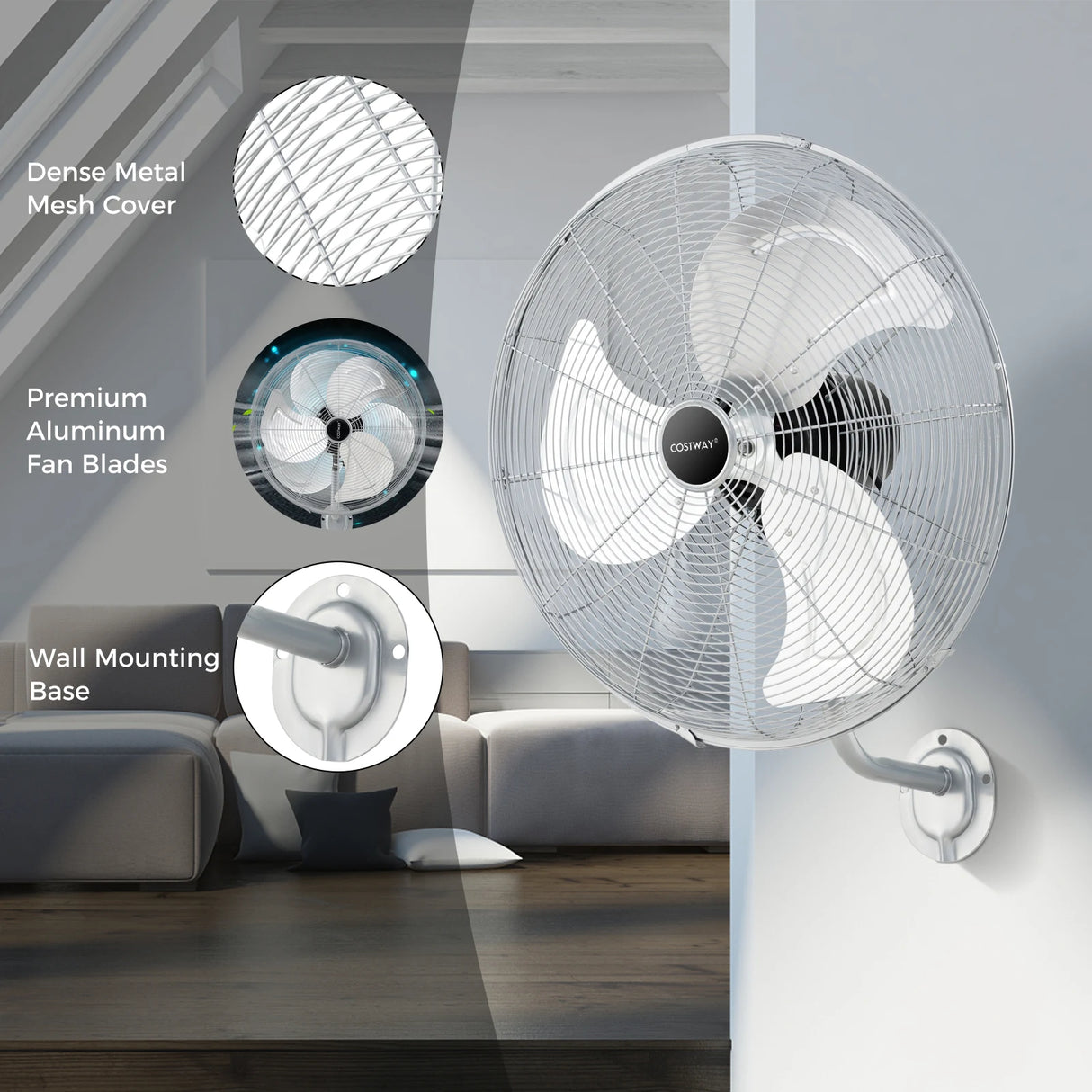 20 Inch Heavy Duty Metal Wall Mount Fan with 3 Fan Speeds-Silver