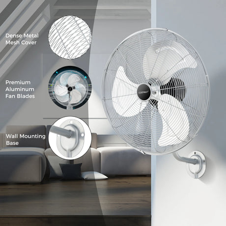 20 Inch Heavy Duty Metal Wall Mount Fan with 3 Fan Speeds-Silver