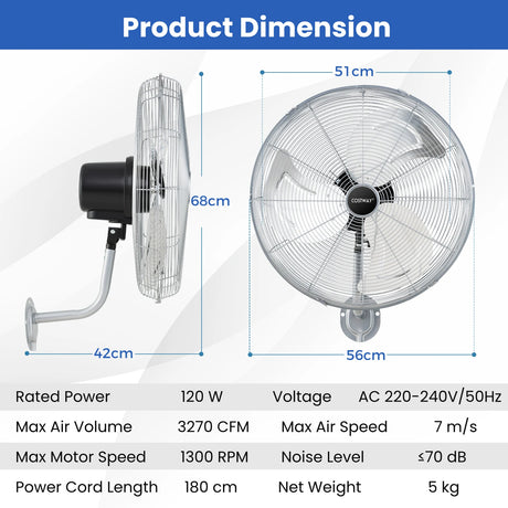 20 Inch Heavy Duty Metal Wall Mount Fan with 3 Fan Speeds-Silver
