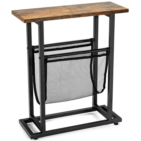 2-Tier Industrial End Table with Mesh Magazine Holder Sling for Living Room/Bedroom/Office