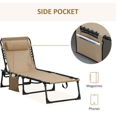 Outsunny Portable Sun Lounger, Folding Camping Bed Cot, Reclining Lounge Chair 5-position Adjustable Backrest with Side Pocket, Pillow for Patio Garden Beach Pool, Beige