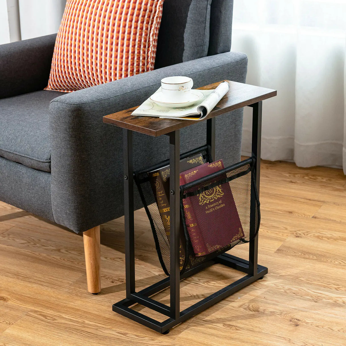 2-Tier Industrial End Table with Mesh Magazine Holder Sling for Living Room/Bedroom/Office