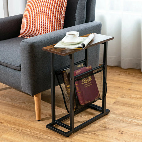 2-Tier Industrial End Table with Mesh Magazine Holder Sling for Living Room/Bedroom/Office