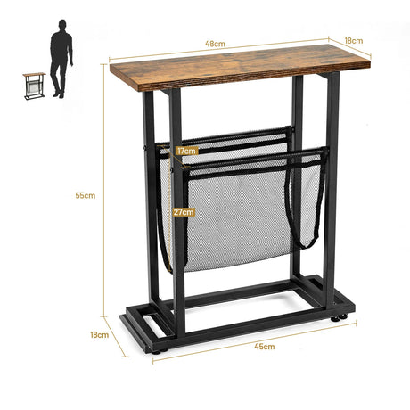 2-Tier Industrial End Table with Mesh Magazine Holder Sling for Living Room/Bedroom/Office