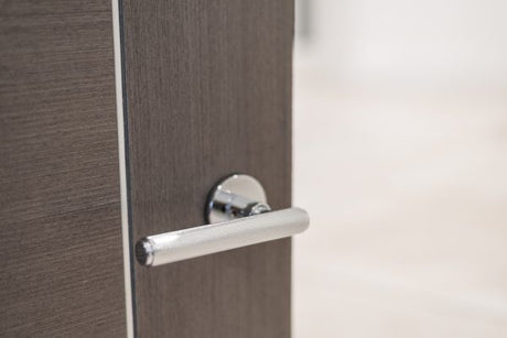 Millhouse Brass Stephenson Knurled Lever Door Handle on 5mm Slimline Round Rose - Polished Chrome - Set