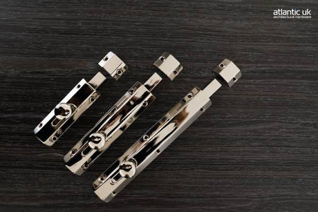 Atlantic Solid Brass Surface Door Bolt 4" - Polished Nickel - Each