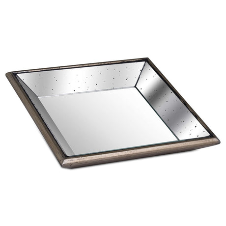 Astor Distressed Mirrored Square Tray W/Wooden Detailing Sml