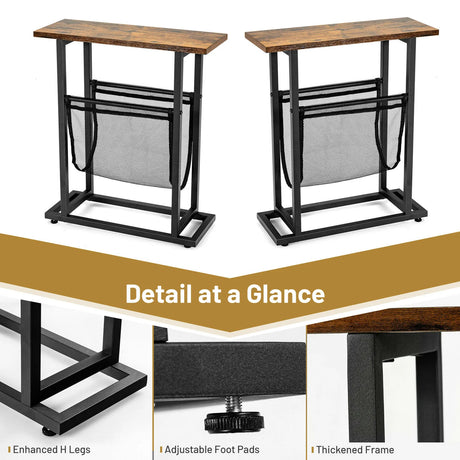 2-Tier Industrial End Table with Mesh Magazine Holder Sling for Living Room/Bedroom/Office