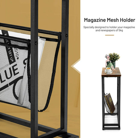 2-Tier Industrial End Table with Mesh Magazine Holder Sling for Living Room/Bedroom/Office
