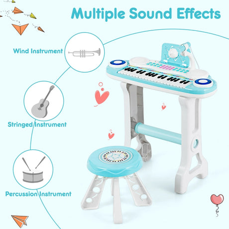 Children&#39;s Piano with 37 Keys Electronic Keyboard with Stool 47 x 20 x 60 cm Blue