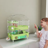 PawHut 3-Tier Hamster Cage with Transparent Top, Sand Bathroom, Exercise Wheel, Hideout Room, Tubes, 45 x 28 x 60 cm, Green
