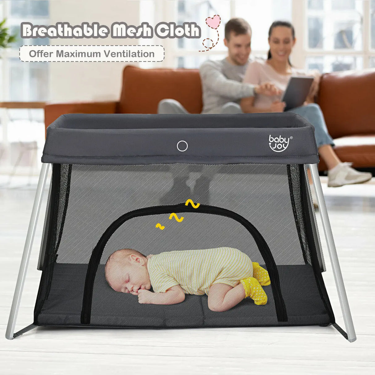 Lightweight Folding Playpen with Zipper Access Door-Grey