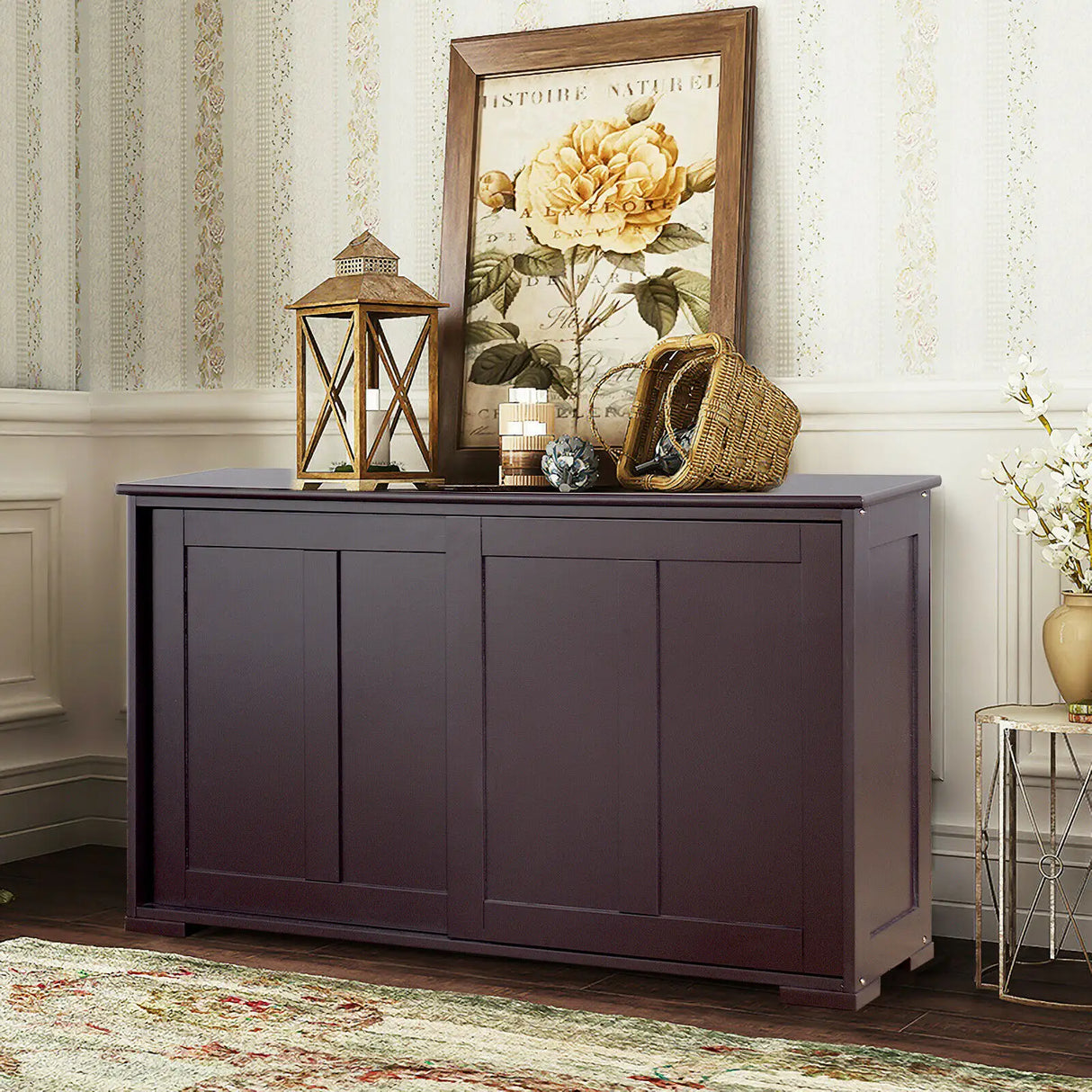 Freestanding Storage Cabinet with Sliding Door for Kitchen-Brown