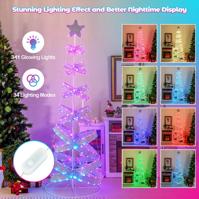 210 cm Outdoor Spiral Pre-lit Christmas Tree with Collapsible Color Lights