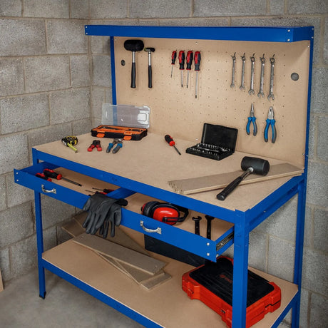 Workbench with Pegboard, Drawer & Light  Blue