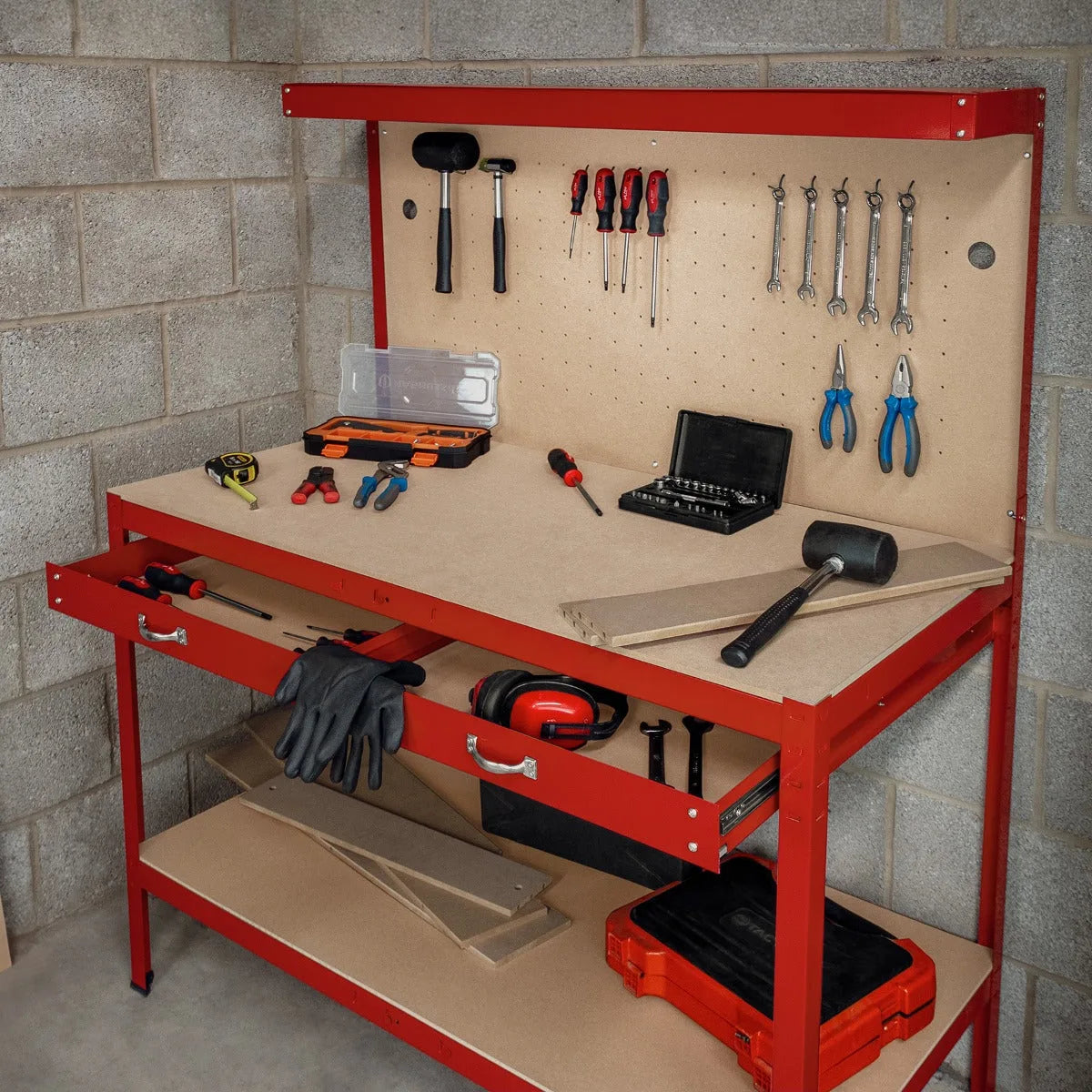 Workbench with Pegboard, Drawer & Light  Red
