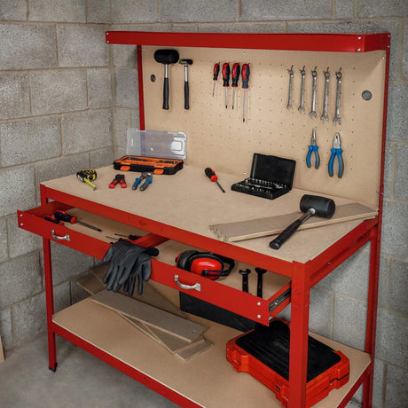 Workbench with Pegboard, Drawer & Light  Red