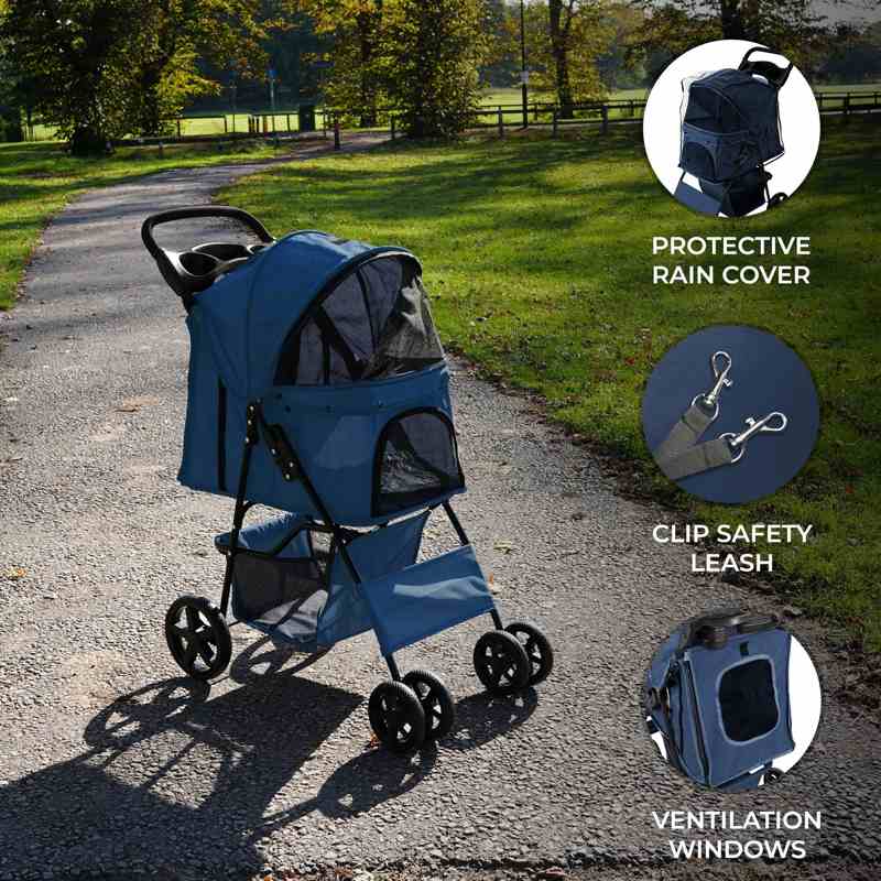 Pet Stroller with Rain Cover – Navy Blue