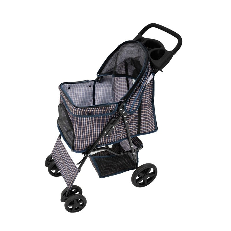 Pet Stroller with Rain Cover – Blue Tartan