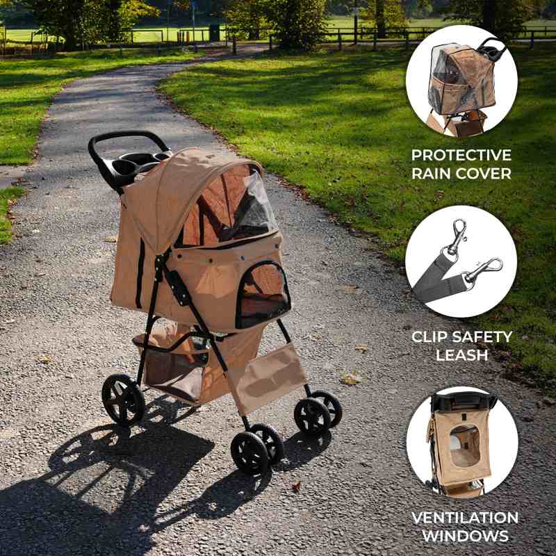 Pet Stroller with Rain Cover – Woven Beige