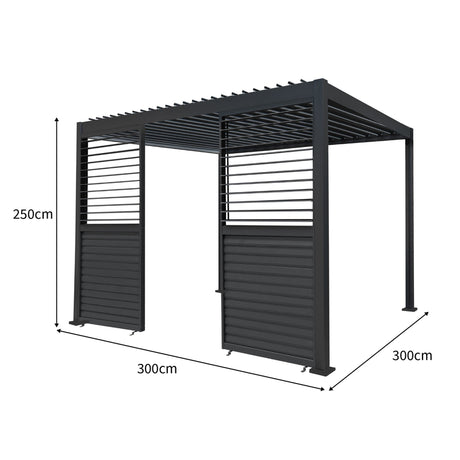 Anthracite Aluminium Pergola With LED Lights & 2 x Shutter Panels - 3m x 3m