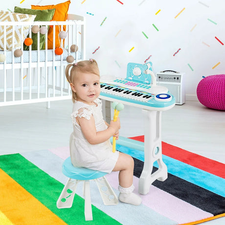 Children&#39;s Piano with 37 Keys Electronic Keyboard with Stool 47 x 20 x 60 cm Blue