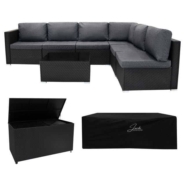 Serafina Rattan Modular 7 Piece Furniture Set & 700L Storage Box - Black
