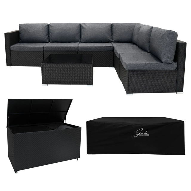 Rattan Modular 7 Piece Furniture Set & 996L Storage Box - Black